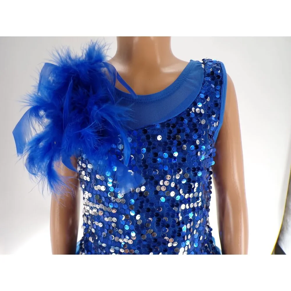 Pre-Owned Dance Costume Wish Come True D8409 Medium Child Blue Jazz Sequins